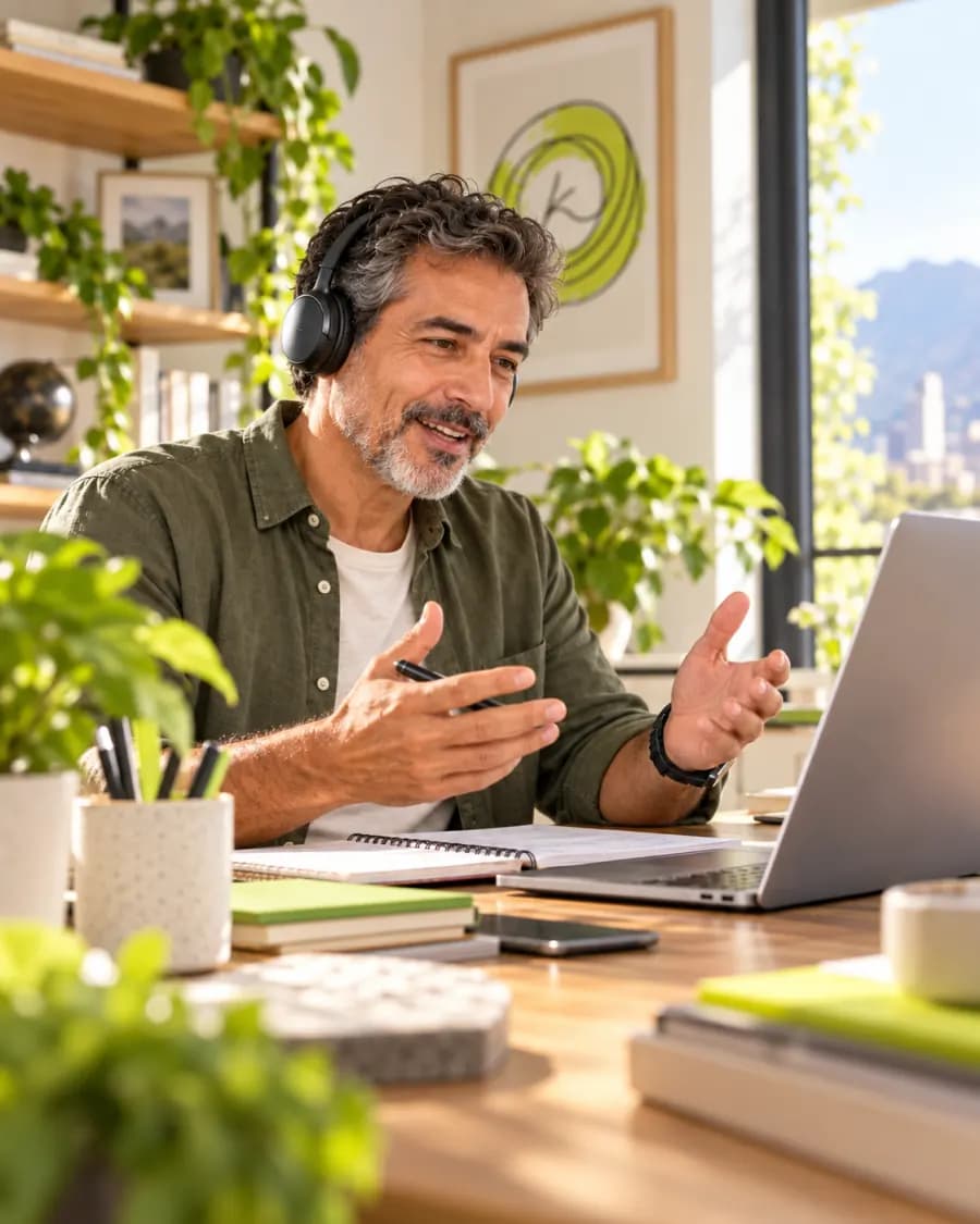 Hombre con audífonos conversando frente a un computador portátil.