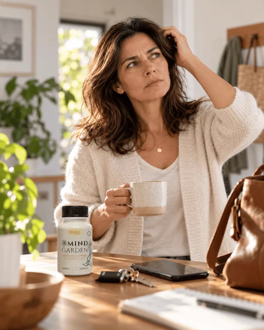 Mujer con una taza junto a una mesa con un frasco de MindGarden.