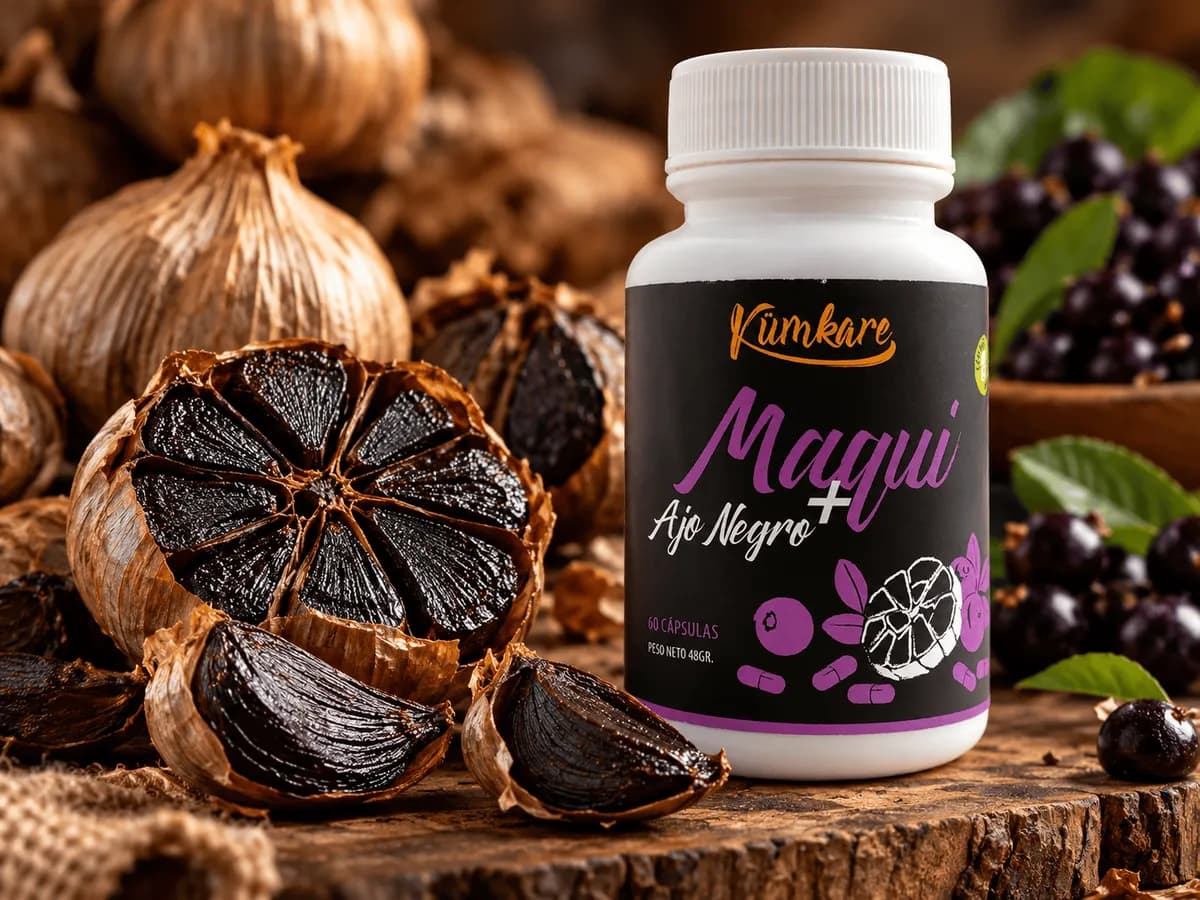 Frasco de Maqui + Ajo Negro junto a una cabeza de ajo negro cortada y dientes de ajo