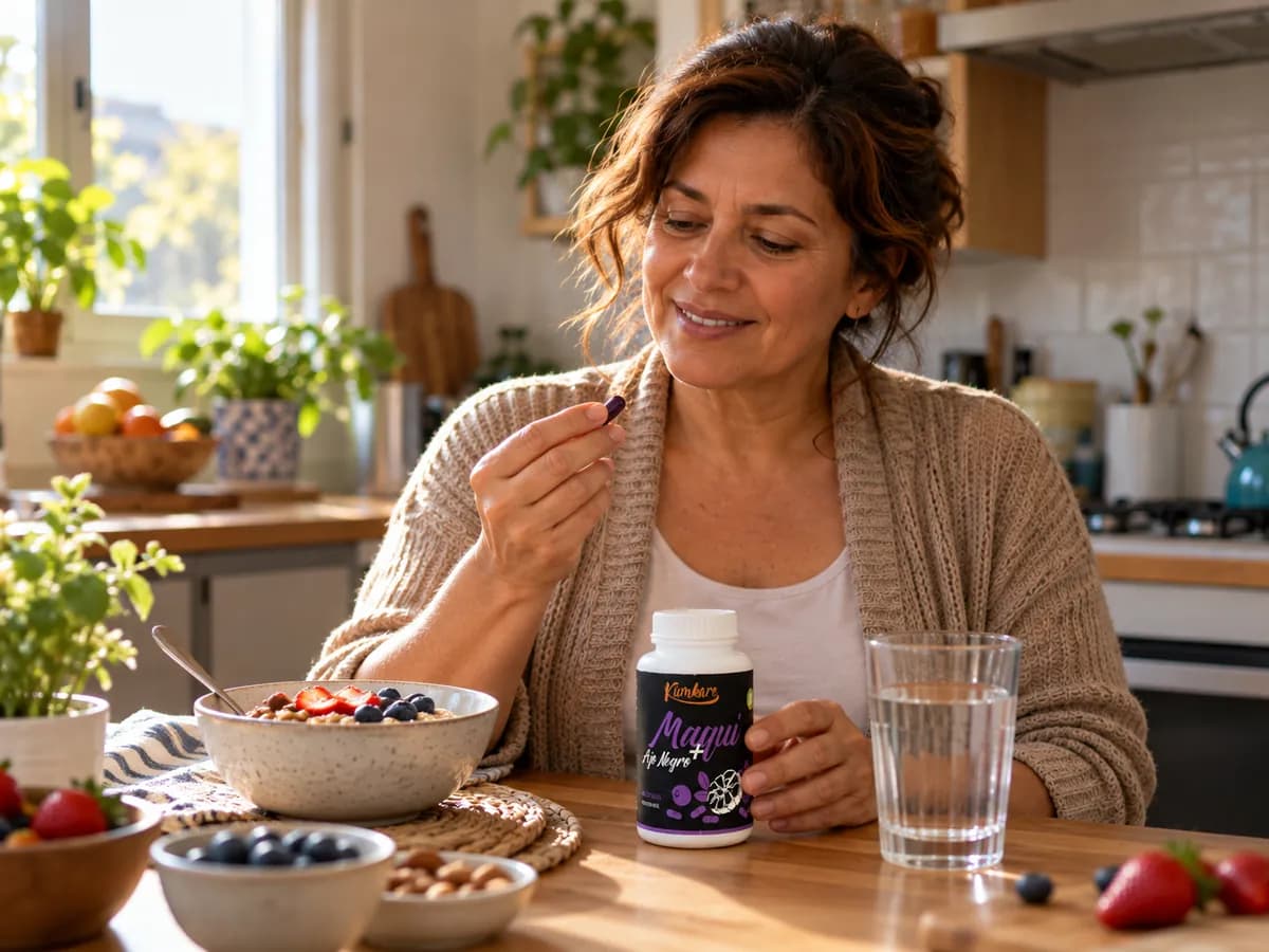 Mujer en una mesa de desayuno junto a un frasco de Maqui + Ajo Negro y un vaso de agua