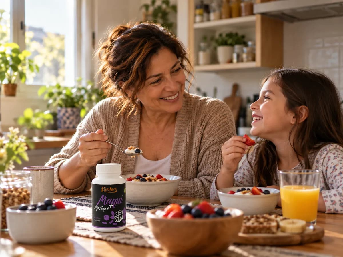 Mujer y niña compartiendo el desayuno, con fruta, vasos y un frasco sobre la mesa