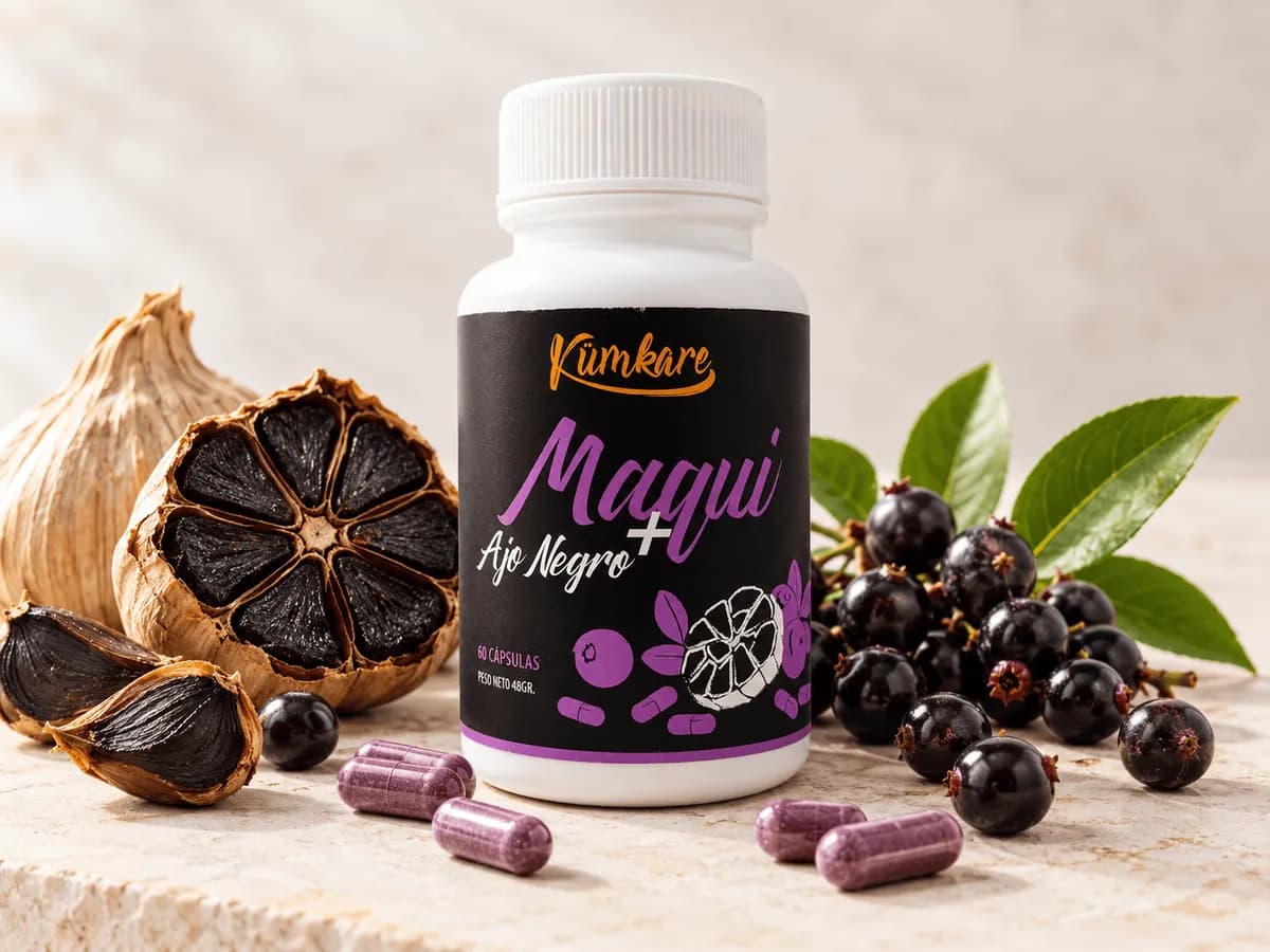 Frasco de Maqui + Ajo Negro con cápsulas moradas, ajo negro y bayas sobre una superficie clara