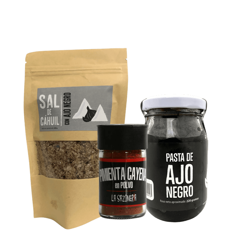 Pack Gourmet Delicioso: Ajo Negro, Pimienta Cayena y Sal de Cahuil